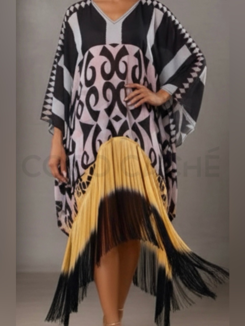Fringed Printed Poncho Tunic Dress in Gray, Black & Mustard